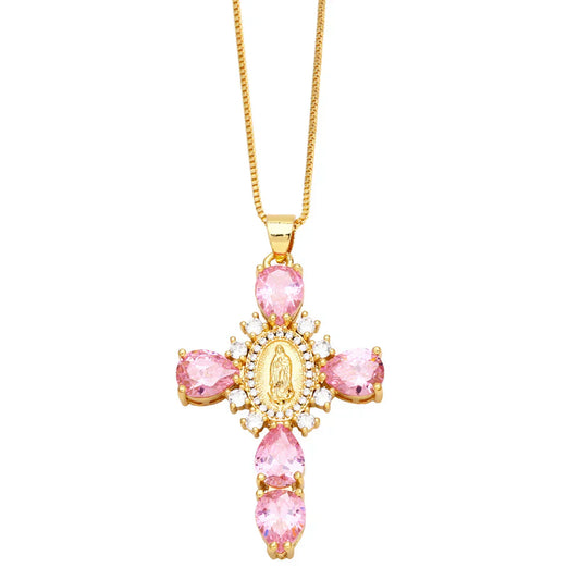 Gold Pink Maria Cross Necklace