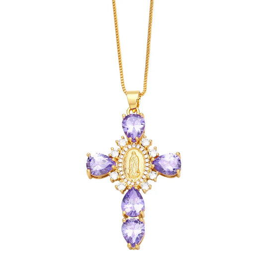 Purple Gold Maria Cross Necklace