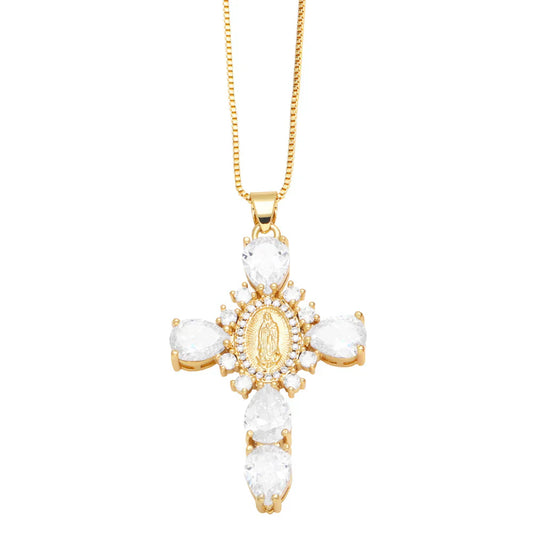 Gold White Maria Cross Necklace